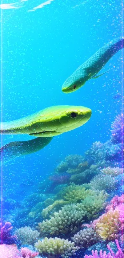 Vibrant underwater scene with coral and green marine creatures.