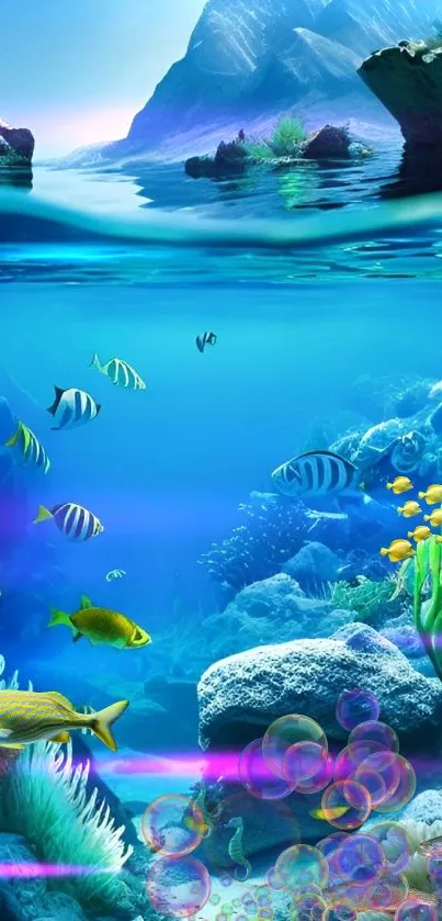 Vibrant ocean wallpaper with fish and coral under clear blue water.