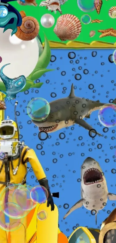 Underwater scene with sharks, bubbles, and sea life for mobile wallpaper.