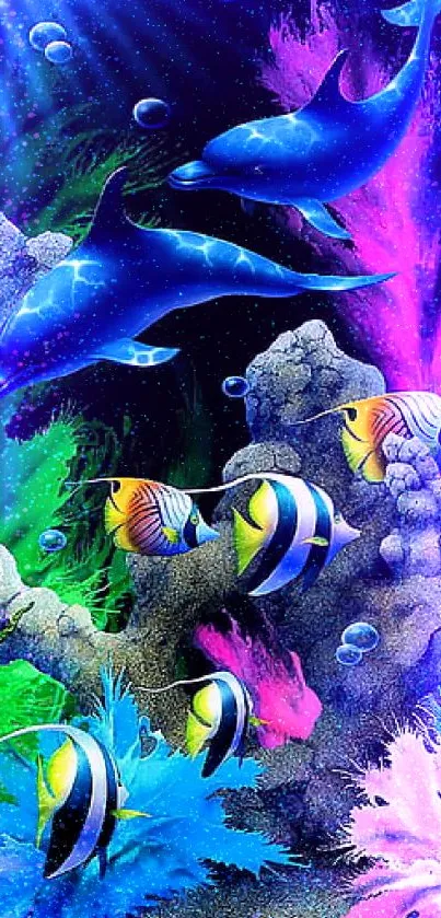 Colorful underwater scene with dolphins and vibrant fish.