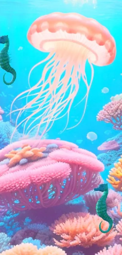 Colorful coral reef with jellyfish and seahorses.