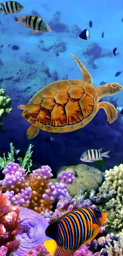 Colorful underwater scene with vibrant corals and a sea turtle.