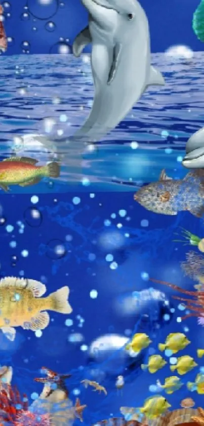 Colorful underwater scene with dolphins and various tropical fish.