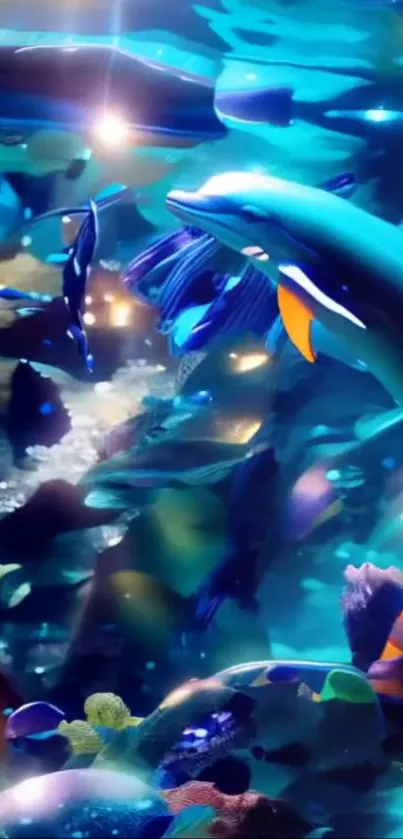 Colorful underwater scene with dolphins and marine life.