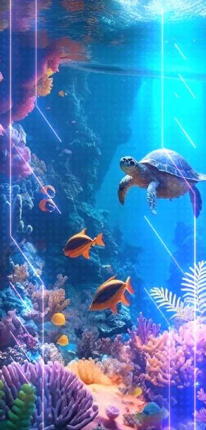 Sea turtle swimming in vibrant underwater coral reef scene.