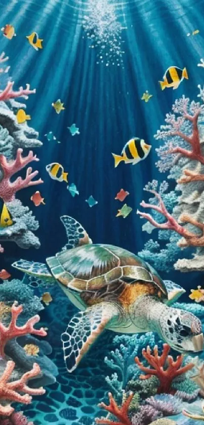 Vibrant underwater scene with coral and a sea turtle.