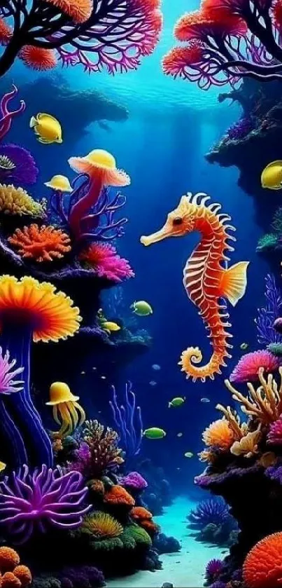 Colorful seahorse in vibrant coral reef