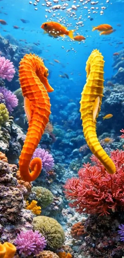 Colorful seahorses amidst vibrant coral reef underwater.