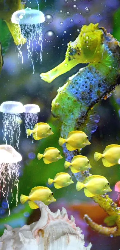 Vibrant undersea wallpaper with a seahorse and colorful marine life.
