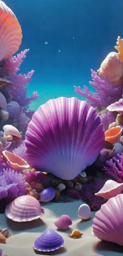 Vivid underwater scene with seashells and coral.