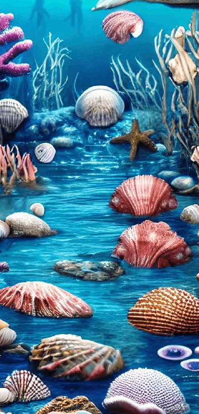 Underwater wallpaper with colorful seashells and corals.