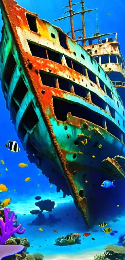 Sunken ship surrounded by colorful fish and coral in blue ocean depths.