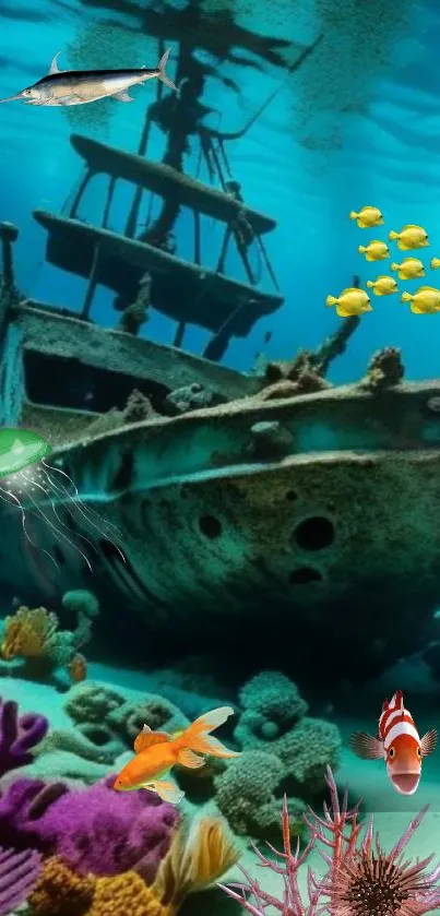 Underwater shipwreck surrounded by vibrant corals and fish.