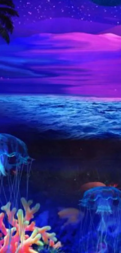 Vibrant ocean scene with jellyfish and stars.