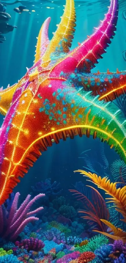 Colorful starfish in vibrant underwater setting with deep aqua hues.