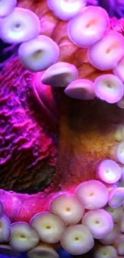 Colorful close-up of octopus tentacles with vibrant purple and pink hues.