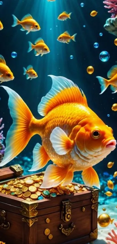 Vibrant fish swim around a sunken treasure in an underwater scene.
