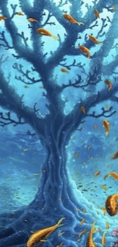 Underwater fantasy scene with a tree and golden fish swimming.