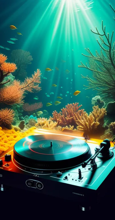 Underwater turntable with vibrant marine life and sunlight rays.