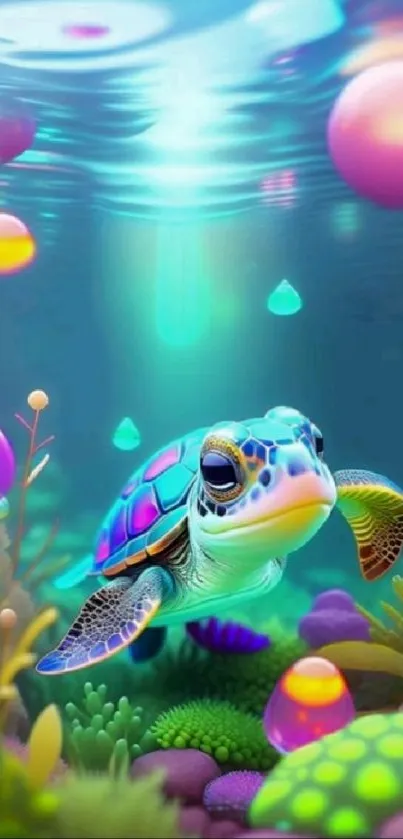 Colorful underwater turtle with bubbles and aquatic plants.