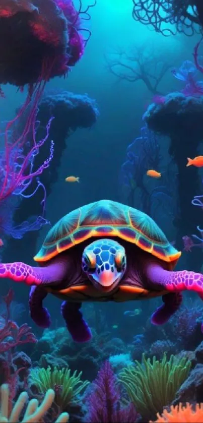 Vibrant turtle swimming in colorful coral reef underwater scene.