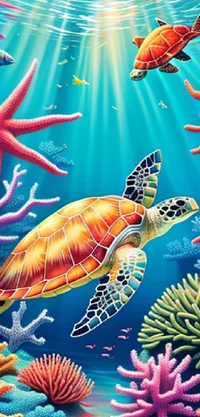 A vibrant underwater scene with sea turtles and colorful corals.