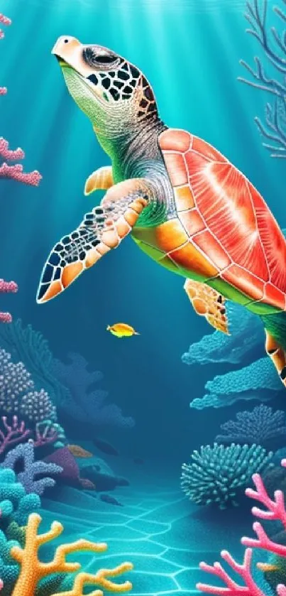 Vibrant turtle swimming through a colorful coral reef in clear blue waters.