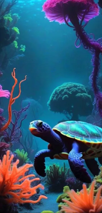 Colorful coral reef with turtle in vibrant underwater setting.