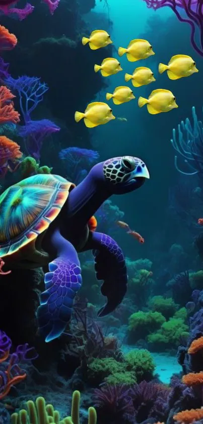 Colorful underwater scene with turtle and vivid corals.