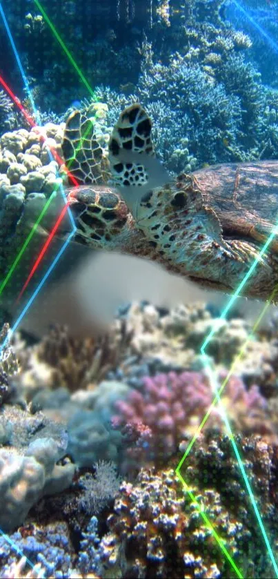 Sea turtle swims in vibrant coral reef with colorful light streaks.