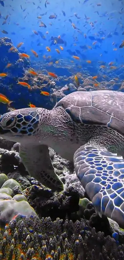 Vibrant underwater wallpaper with sea turtle and coral reef.