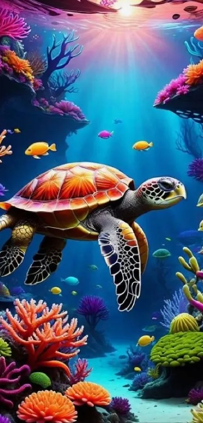 Vibrant underwater scene with turtle and colorful coral reefs.