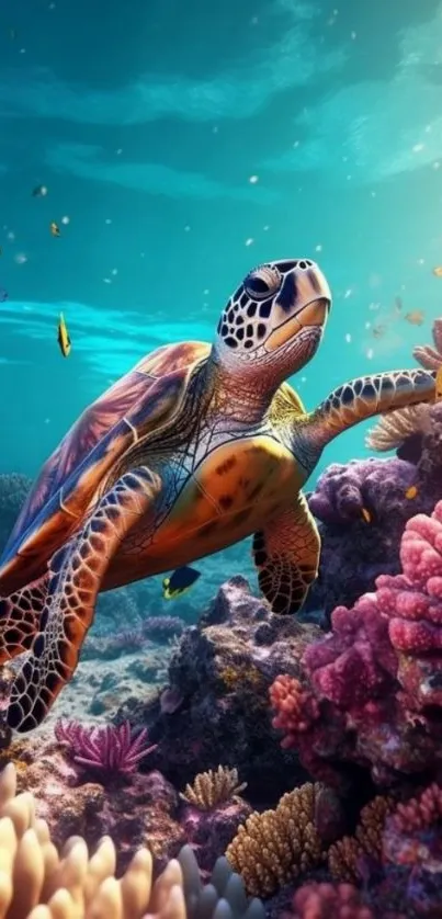 Colorful sea turtle swimming in vibrant coral reef.