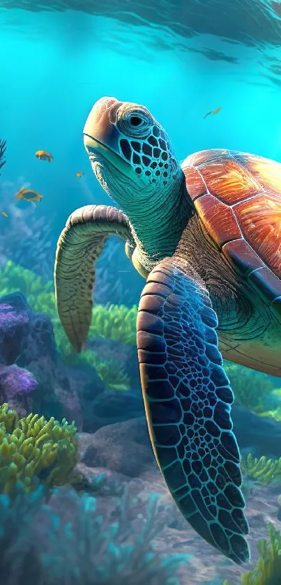 Sea turtle gracefully swimming in a vibrant coral reef setting underwater.