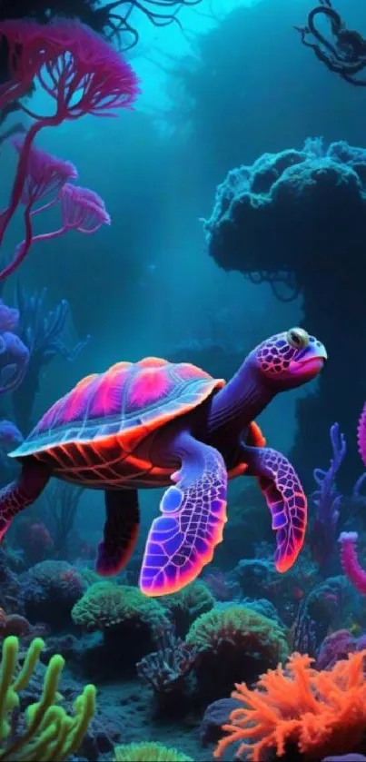 Vibrant neon turtle swimming in colorful coral reef.