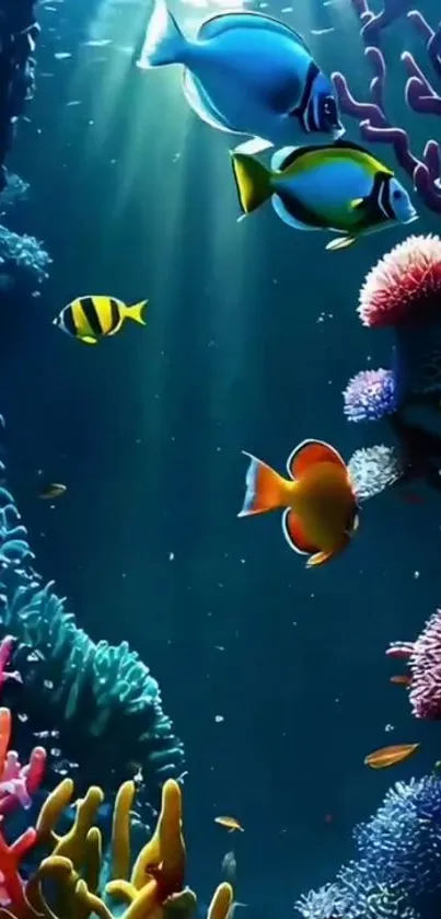 Vibrant underwater scene with colorful fish and corals.