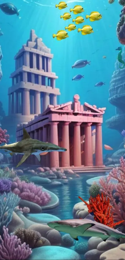 Underwater scene with ancient ruins, colorful corals, and marine life.