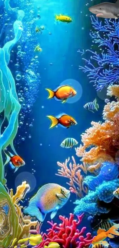 Vibrant underwater scene with colorful fish and corals on a mobile wallpaper.