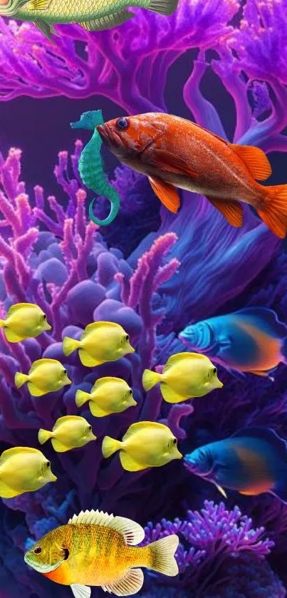 Vibrant underwater scene with colorful fish and coral.