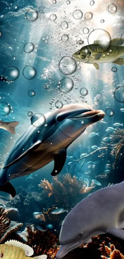 Underwater scene with dolphins and fish swimming amid coral reefs.