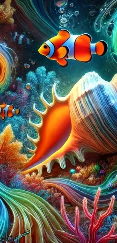 Colorful underwater scene with clownfish and coral.