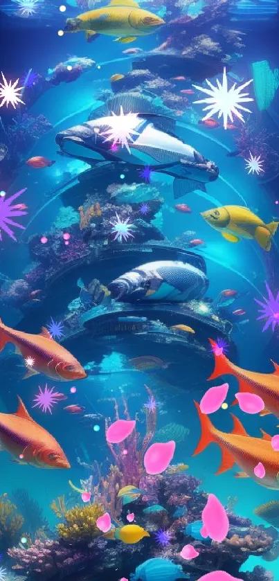 Vibrant underwater scene with diverse fish and coral, ideal for mobile wallpaper.