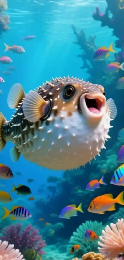 Cheerful pufferfish surrounded by vibrant fish in a colorful underwater scene.