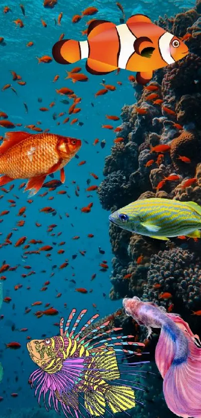 Colorful fish swimming in a vibrant coral reef scene.