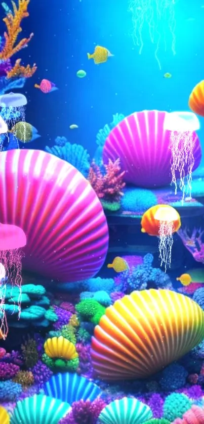 Vibrant underwater scene with colorful corals and jellyfish.