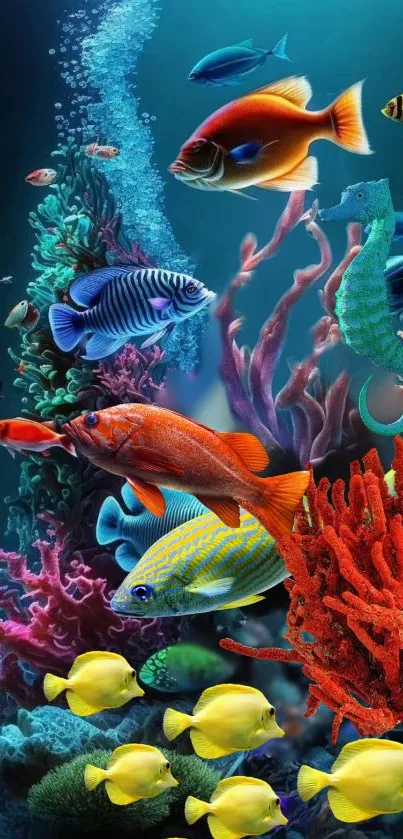 Vibrant underwater scene with colorful fish and coral.