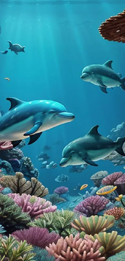 Dolphins swim amidst vibrant coral reefs in an enchanting underwater scene.