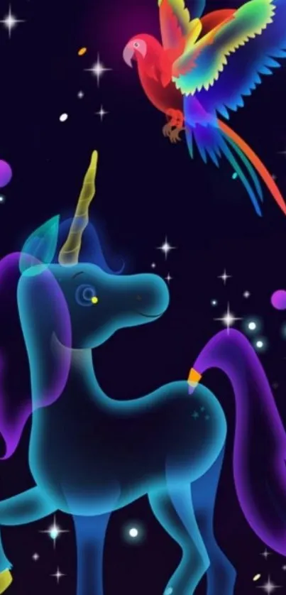 Colorful unicorn and parrot under starry sky.