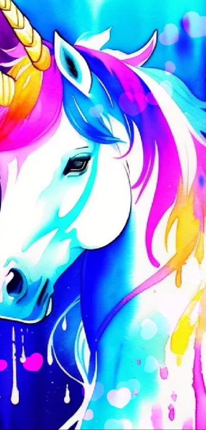 Colorful unicorn wallpaper with vibrant blues and pinks in watercolor style.