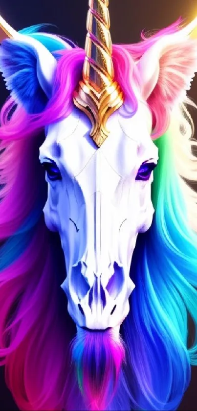 Colorful unicorn with vibrant mane and golden horn for mobile wallpaper.